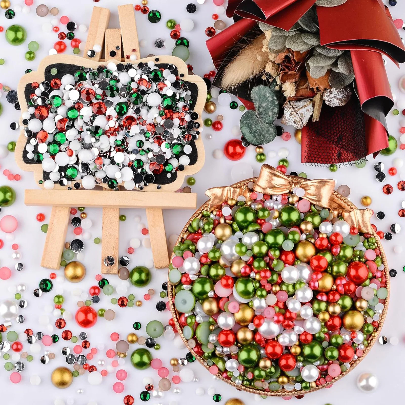 30g de perles et de strass mixtes rouge vert, strass plats et perles pour nail art, bricolage artisanal 3mm-10mm taille mixte