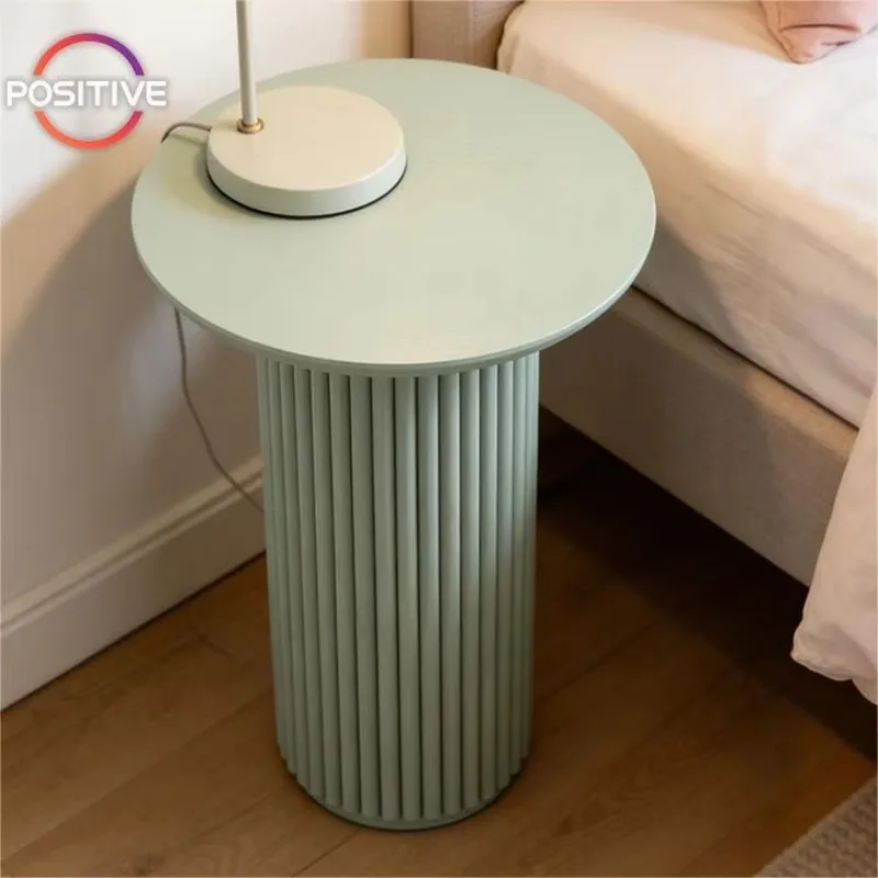 Modern Side Table Plywood Construction Round Top Vertical Slats Design Durable Easy Clean for Living Room Mesa Auxiliar