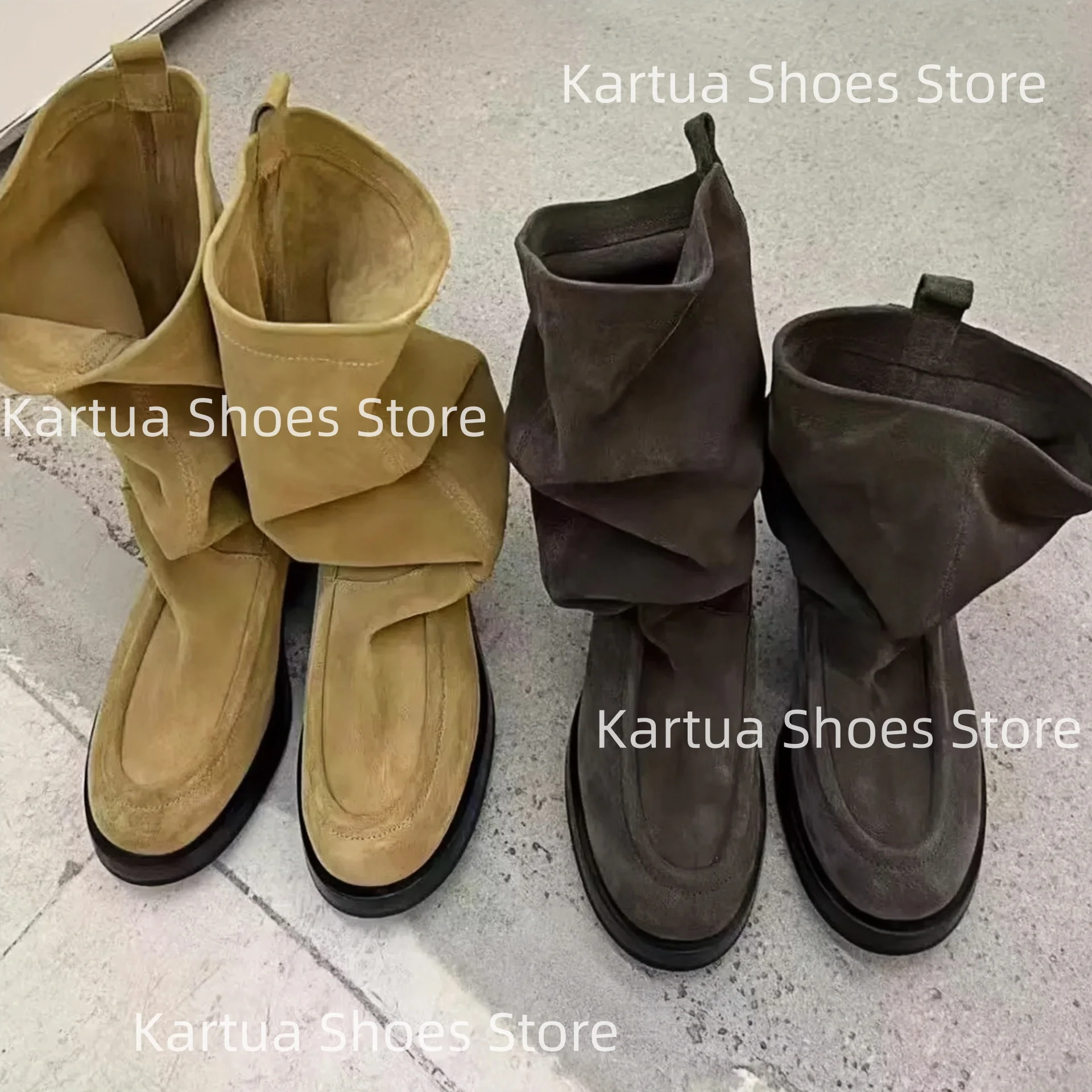 

Women's Grey Suede Knee High Boots Round Toe Block Heel Boot Elegance Minimalism Dress Casual Autumn Lady Street Mid Calf Botas