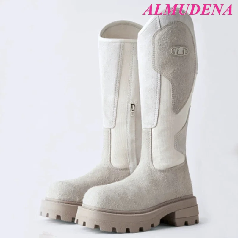 Women's White Black Flats Soft Knee High Boots Round Toe Suede Leather Chunky Heel Long Boot Luxury Designer Y2k Shoes