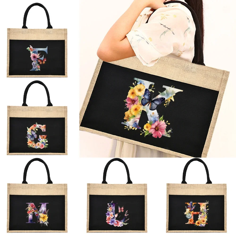 Butterfly Letter Printed Pattern Linen Shoulder Bag Environmentally Friendly Jute Imitation Linen Bags Women's Shopping Handbag