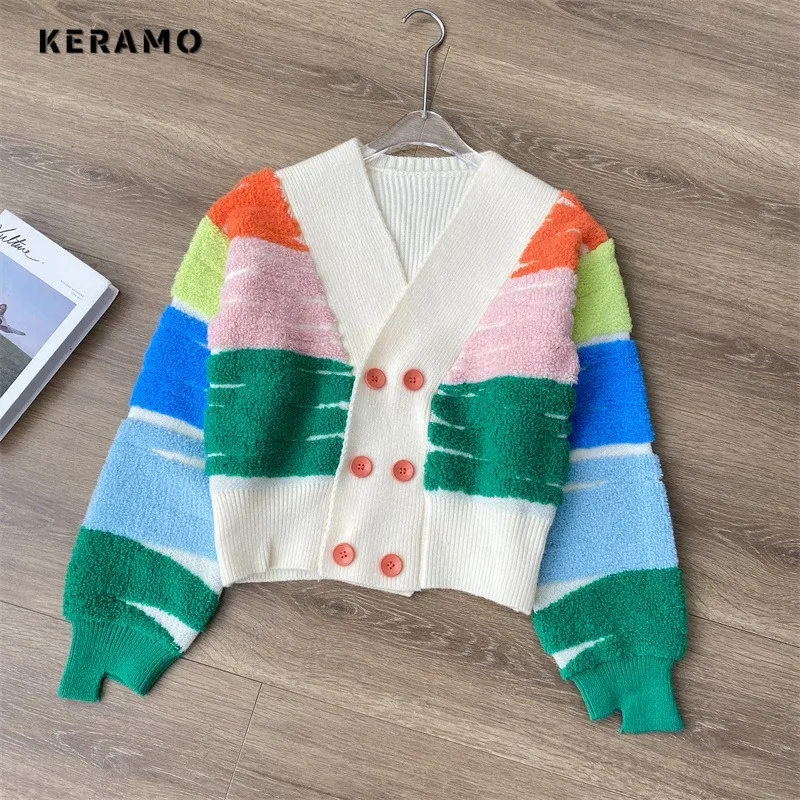 Women Casual Sweet Rainbow Striped Knitting Long Sleeve Cardigans 2023 Winter Korean Fashion Casual V-Neck Kawaii Sweater