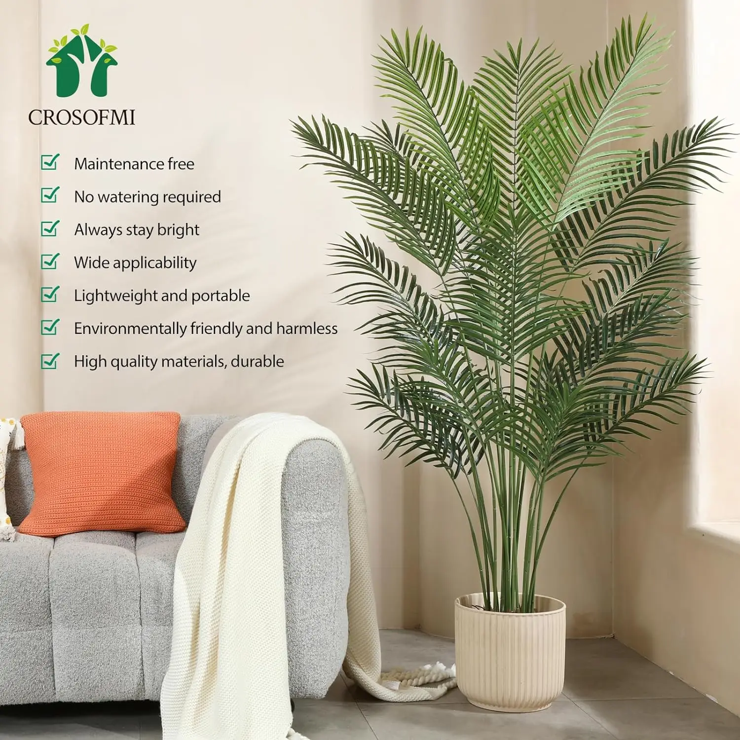 Crosofmi-palmera Artificial de Areca, árbol de 6 pies con 13 hojas, Palma amarilla falsa en maceta para interior y exterior, casa y hogar