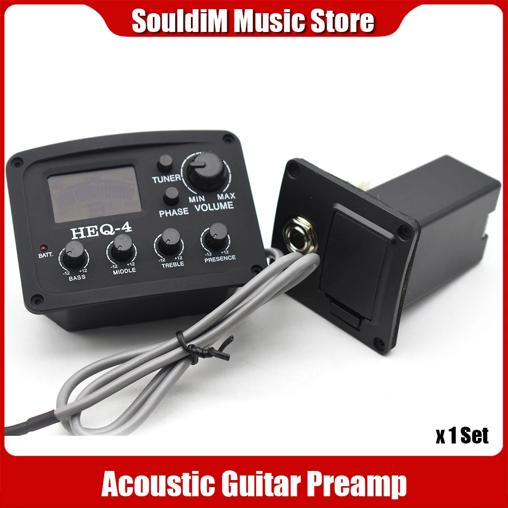 

4 Band Acoustic Guitar Preamp with Tuner Folk Guitar EQ Equalizer Amplifier Piezo Pickup Guitar Accessories