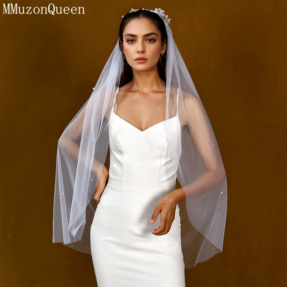 Mmq m39 borboleta frisado vestido de casamento pérola fio completo arroz branco camada de elegante casamento headwear longo suave simples