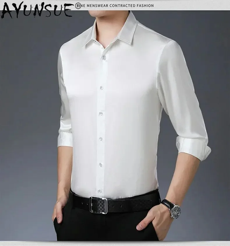 AYUNSUE 92% Mulberry Real Silk Long Sleeved Shirt for Men Loose Casual Tops Solid High Quality Men's Clothing Ropa Hombre