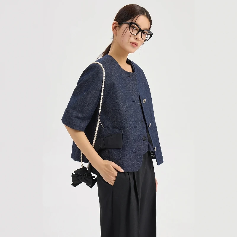 

Korean Style Knot Short Sleeve round Neck Slimming Short Coat Simple Daily Commuting Versatile 7113 Women's Jacket