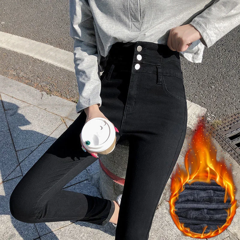 Pantalones Vaqueros gruesos de un solo pecho para mujer, Jeans ajustados de terciopelo, ropa de calle de cintura alta de felpa, moda coreana, Invierno