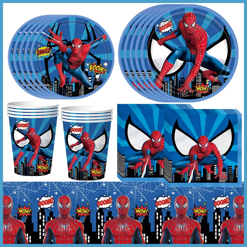 New Spiderman Birthday Party Decorations Supplies Kit Plates Cups Napkins Birthday Spiderman Tablecloth Child Background Balloon