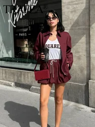 TRAFZA 2024 Female Set Wine Red Turn-Down Collar Long Sleeves Zipper Jackets+High Waist Lace-Up Skirts Autumn Suits Women Trendy