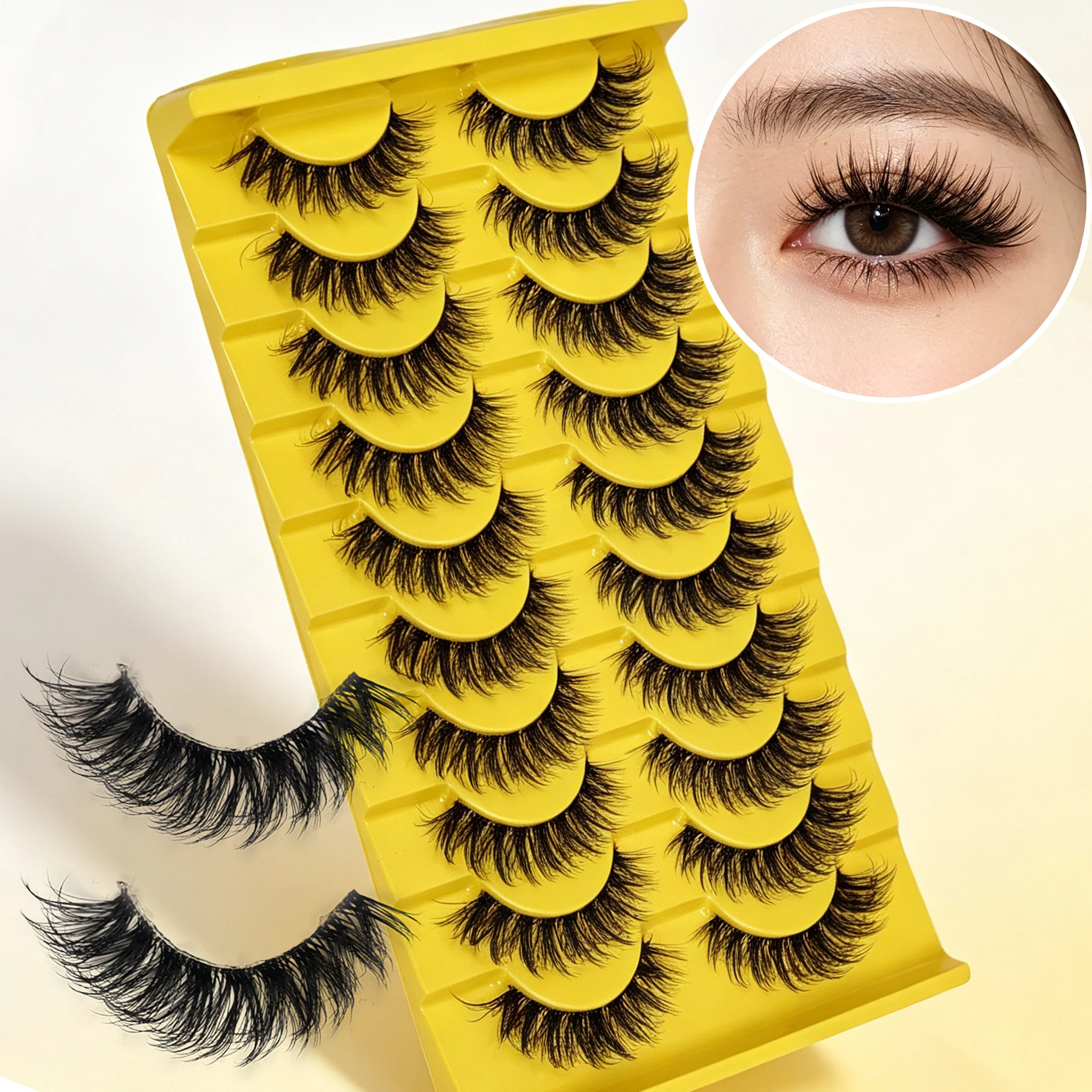 10 Pairs Fluffy False Eyelashes 3D D Curl Wispy Strip Lashes Reusable Fake Eyelashes Daily Party Eye Makeup for Women