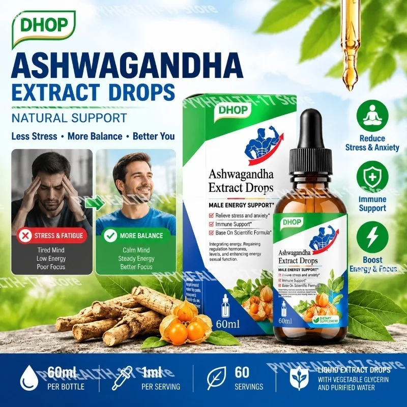 DHOP Ashwagandha Extract Drops for Immune Support, Stress and Anxiety Relief, 600 Mg Withania Somnifera Root Extract, 60 Ml