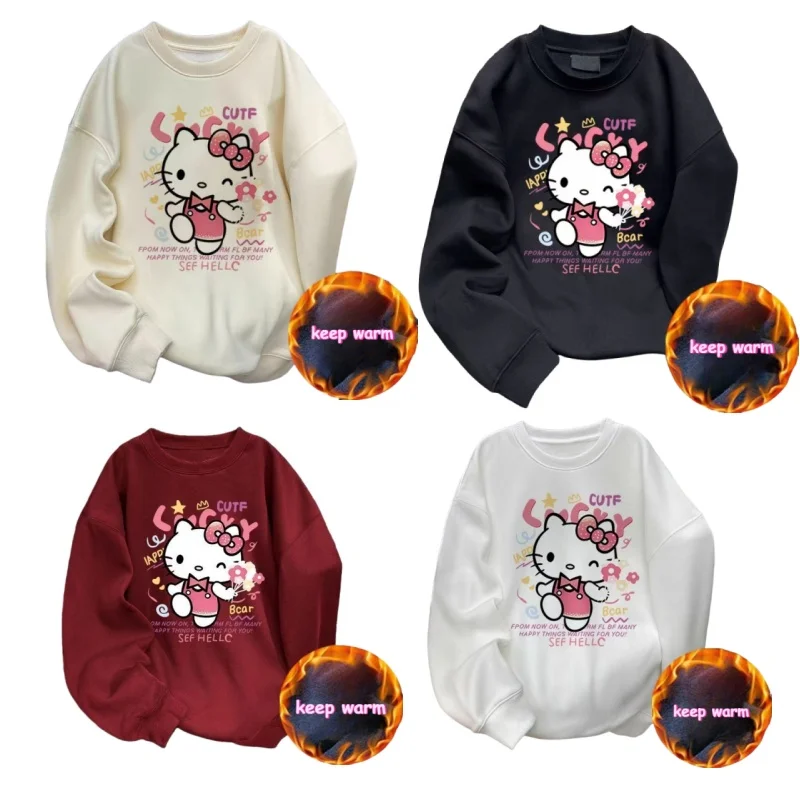 

Plus Size Lightweight Cartoon Pattern Hello Kitty A Keep Warm Cartoon Round Neck Pullover Top Loose Long Sleeved Boys and Girls