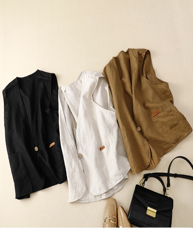 

Свободный хлопковый льняной жилет, женский летний повседневный многослойный топ с v-образным вырезом, застежка на одной пуговице, чистый цвет, для поездок на работу