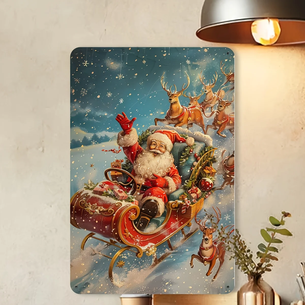 2D Flat - 1pc Vintage Christmas Metal Tin Sign, 8x12 Inches - Santa Claus Sleigh with Reindeer Foil Carving, Festive Wall Art fo