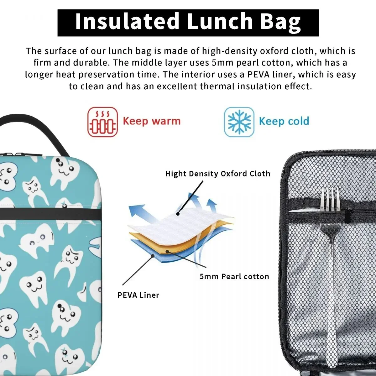 Funny Dental White Tooth Pattern Insulated Lunch Bags Dentist Teeth Portable Thermal Cooler Food Lunch Box Kids School Children view 4