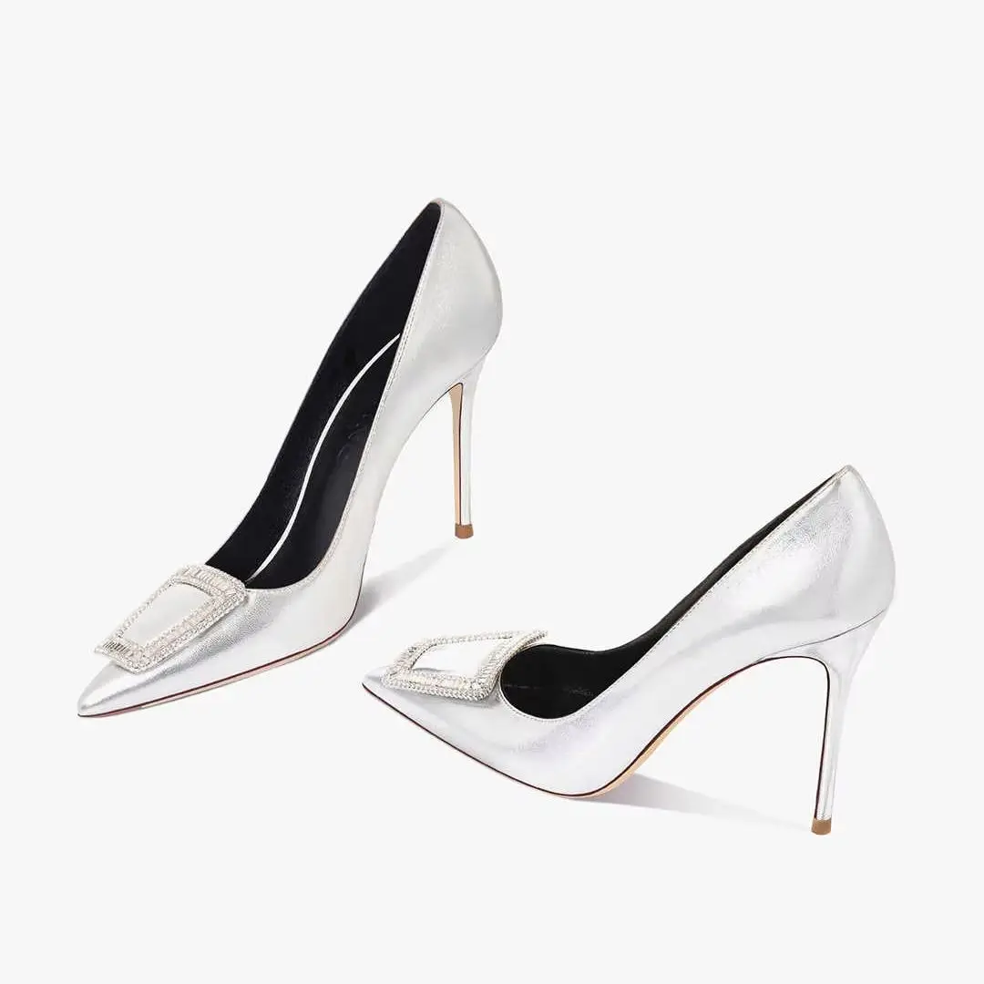 Women High Heels 2026 New pointed heels for women with slim heels shallow sexy Diamond Silver patent single shoes Party Shoes 43