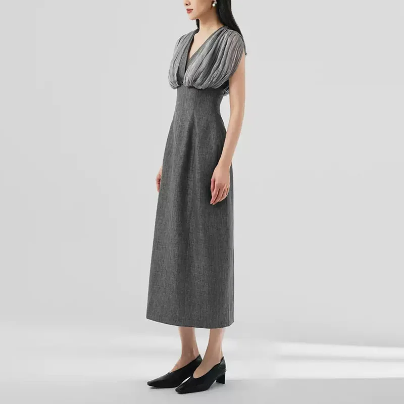 BEWQ Elegancka Sukienka Damska Dekolt V Plisowana Bez Rękawów Wysoki Stan Gazowa Wstawka Wieczorowa Sukienka na Imprezę Jesień 2025 Nowość