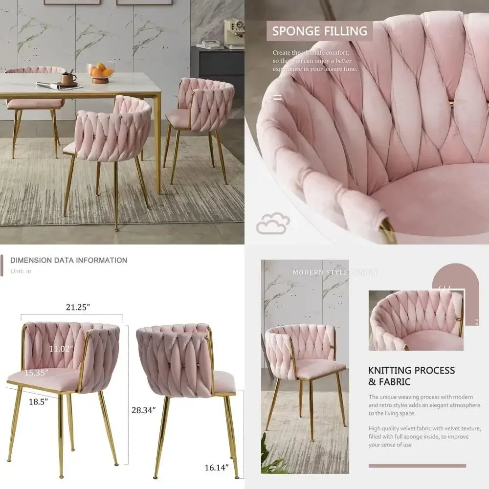 

бархатные обеденные стулья, набор из 4 шт., современные мягкие стулья для столовой с золотыми металлическими ножками и плетеной спинкой для столовой,