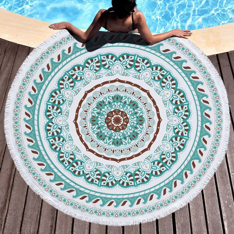 Green Round Beach Towel Microfiber Water-absorbent Mandala Sea Beach Yoga Mat Large Beach Towel Yoga Healing Laying Towels 150CM