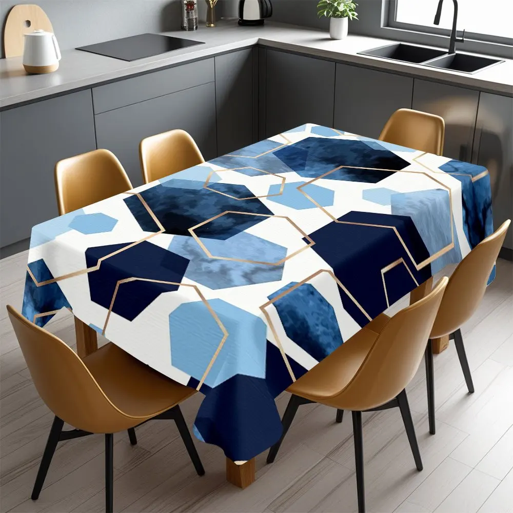 Waterproof Tablecloth Cover for Dining Room Home Decor Hexagon Pattern Blue White Modern Table Linen