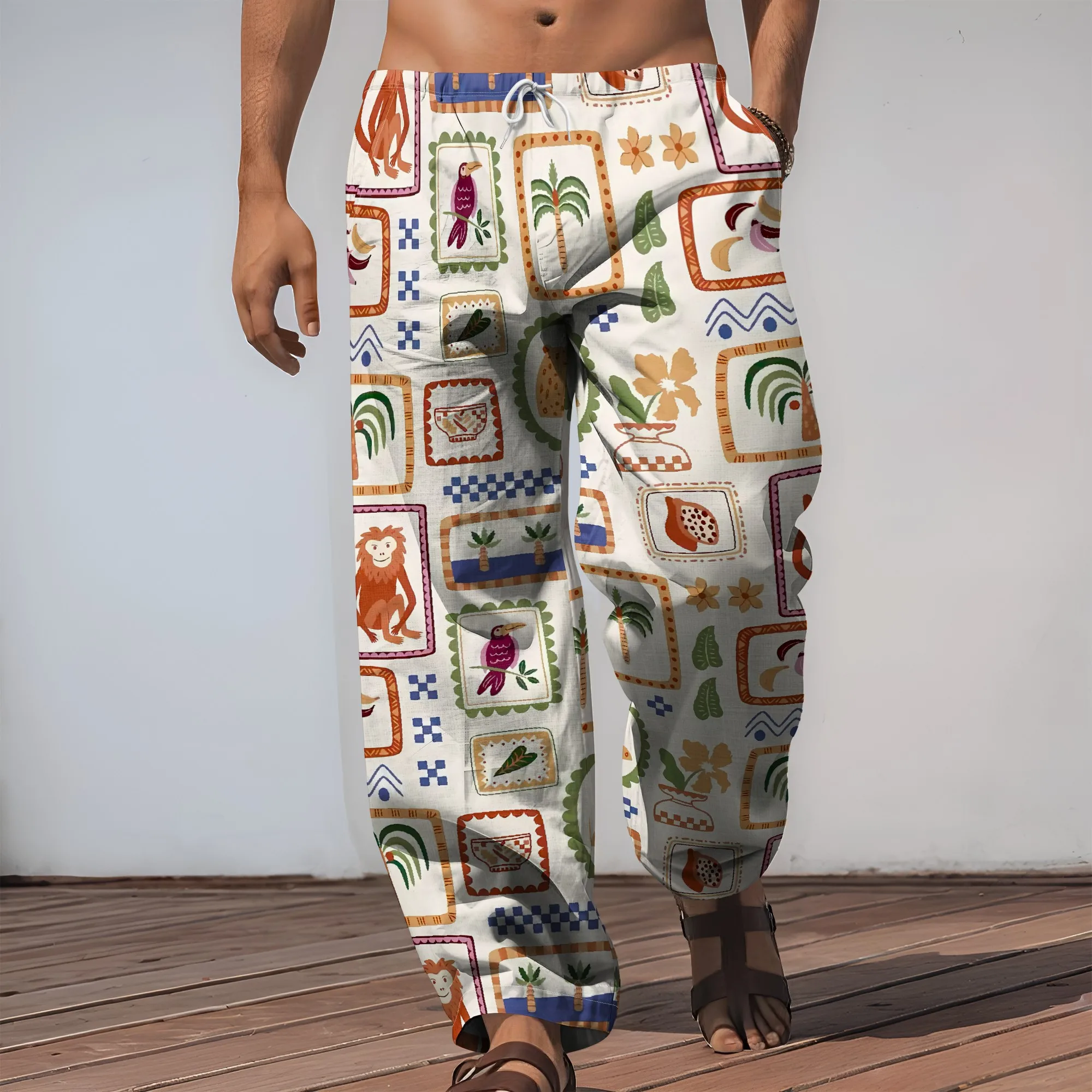 YEAE Tropical Frame Print Pants for Men Summer casual Loose Drawstring Trousers