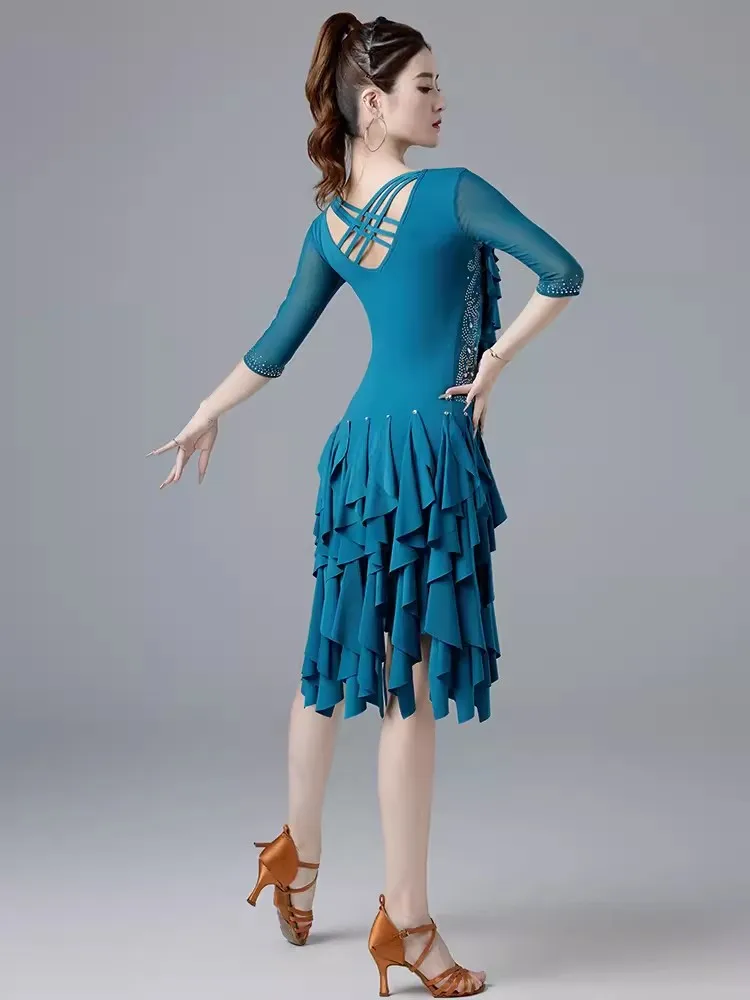 Gilr Salsa Samba Sling Stretchy Dress Half Sleeves Fringes Competition Costume Set Women One-Piece Latin Dance Dresses