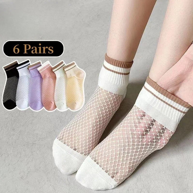 6 Pairs Breathable Ultra Thin Glass Silk Women\'s Socks Transparent Crystal Silk Sockken Short Tube Fashion Female Socks Lace