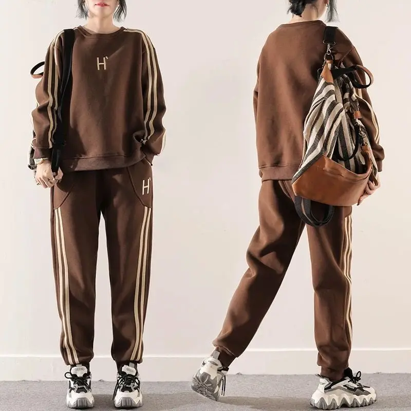 Autumn and Winter New Embroidered Striped Commuter Versatile Style Age Reducing Loose and Casual Two Piece Set