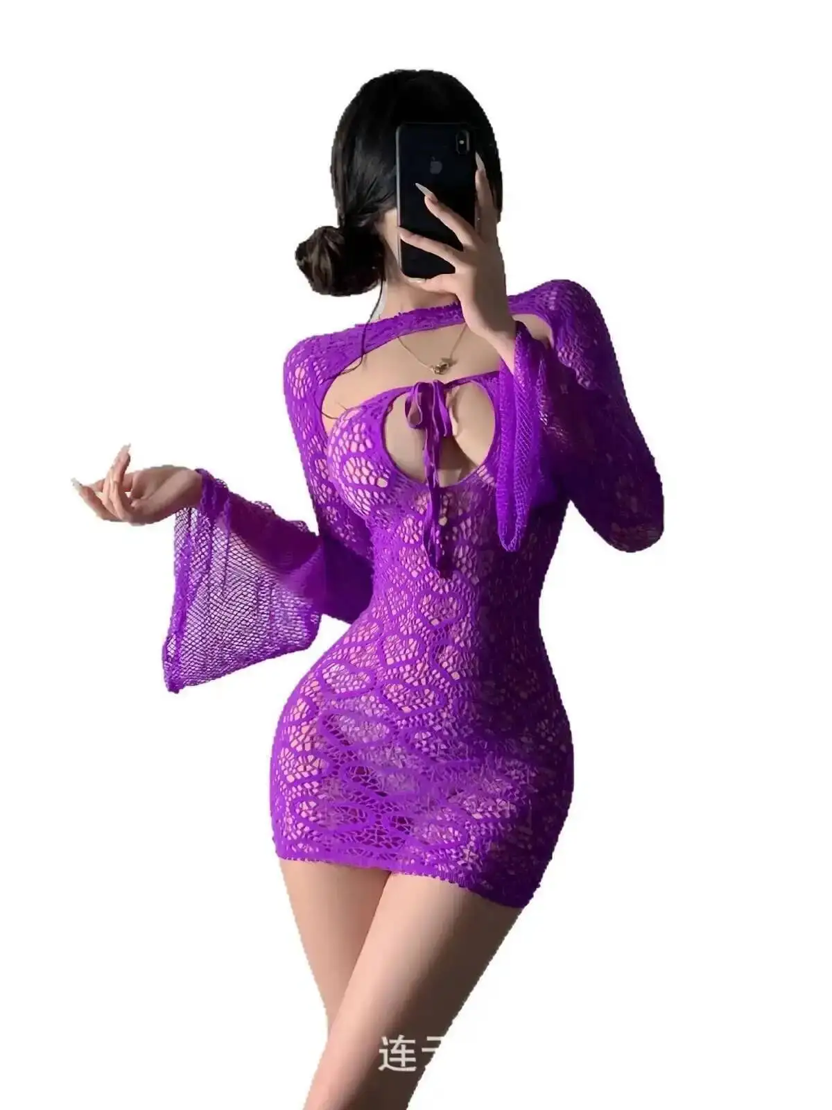 パープルテンプテーションネット服ピュアディザイアヒップラップロングスリーブミニドレスメッシュレースシアーユニフォームドレスエレガント韓国風1MHZ