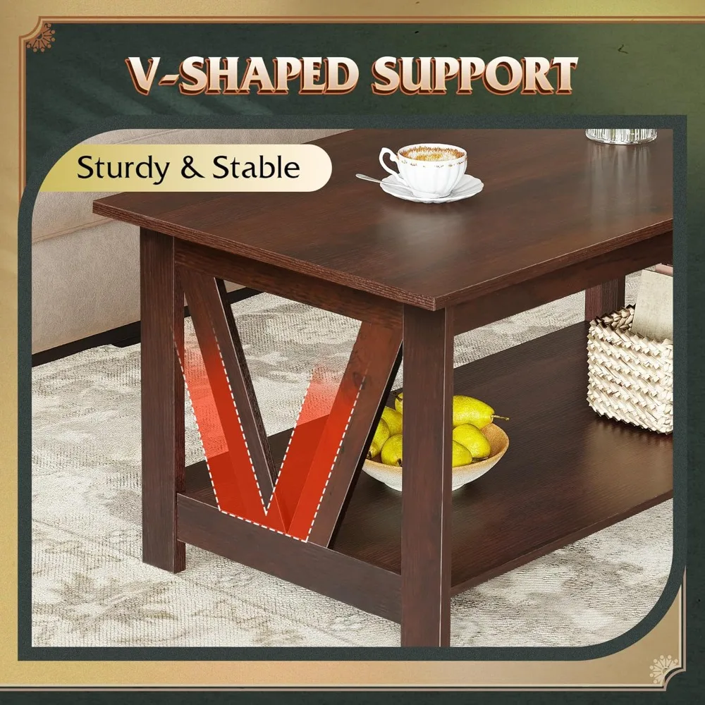 Coffee Table with Storage Shelf, 39.4" Farmhouse Coffee Table with V-Frame Support, 2-Tier Wood Rustic Center Table for Living
