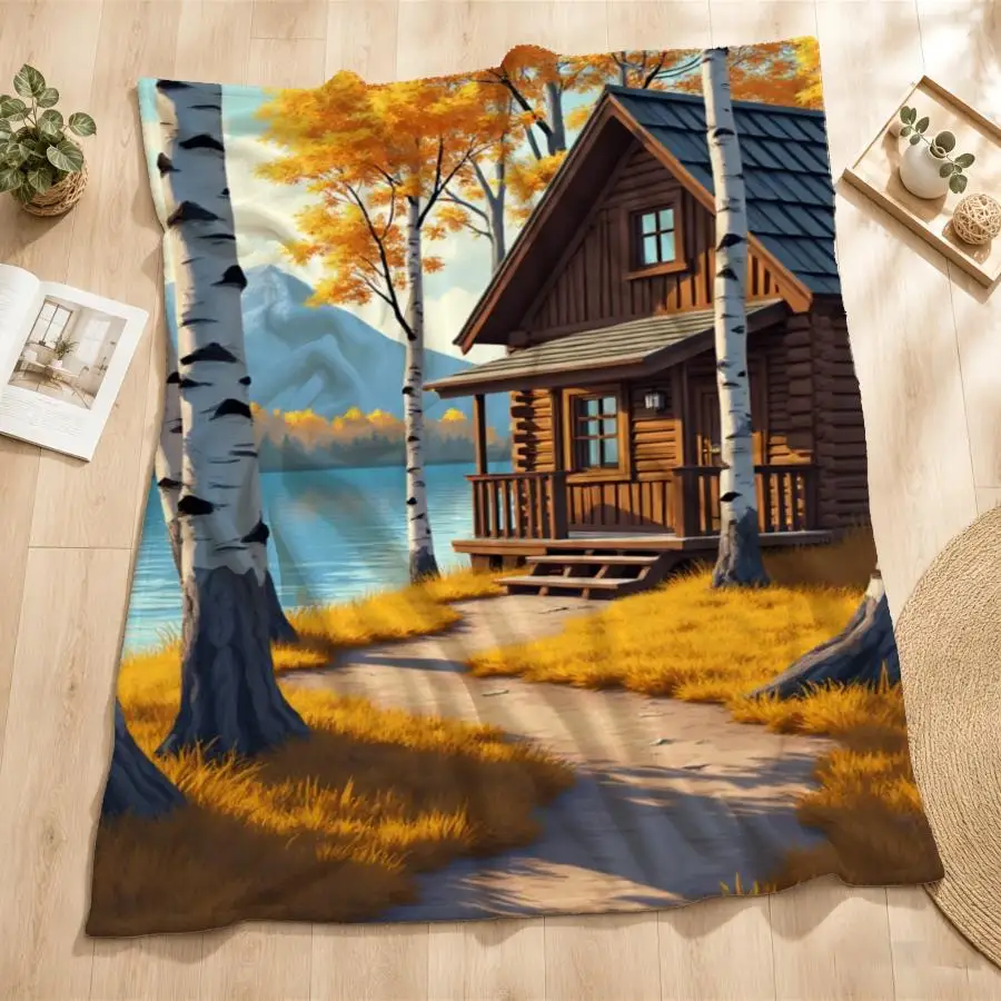 Serene Autumn Cabin Flannel Throw Blanket-Soft & Warm Birch Forest Design with Golden Foliage and Lake View, Ideal for Couch, Bed, Office & Travel, Perfect Vintage-Style Gift for Family and Friends, Machine Washable 2D Flat Weighted Blanket 280GS