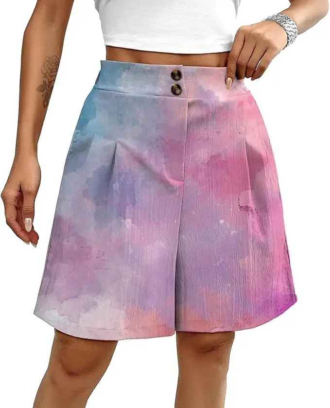 

Women's shorts, smart casual, summer elastic waist, pleated at the back, wide leg, custom work pants, shorts