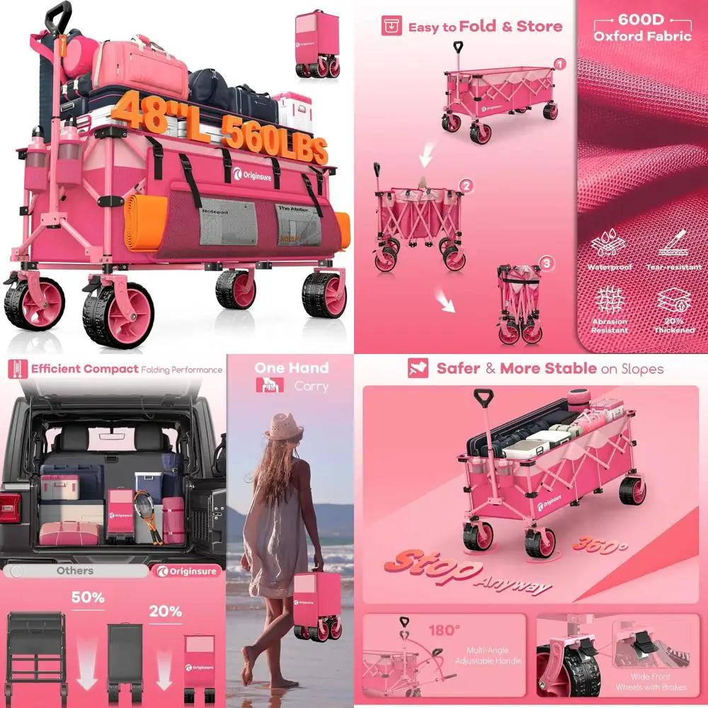 

Collapsible Utility Wagon with 560lbs Capacity, 300L Storage, All-Terrain Wheels for Beach, Camping, Shopping - Pink