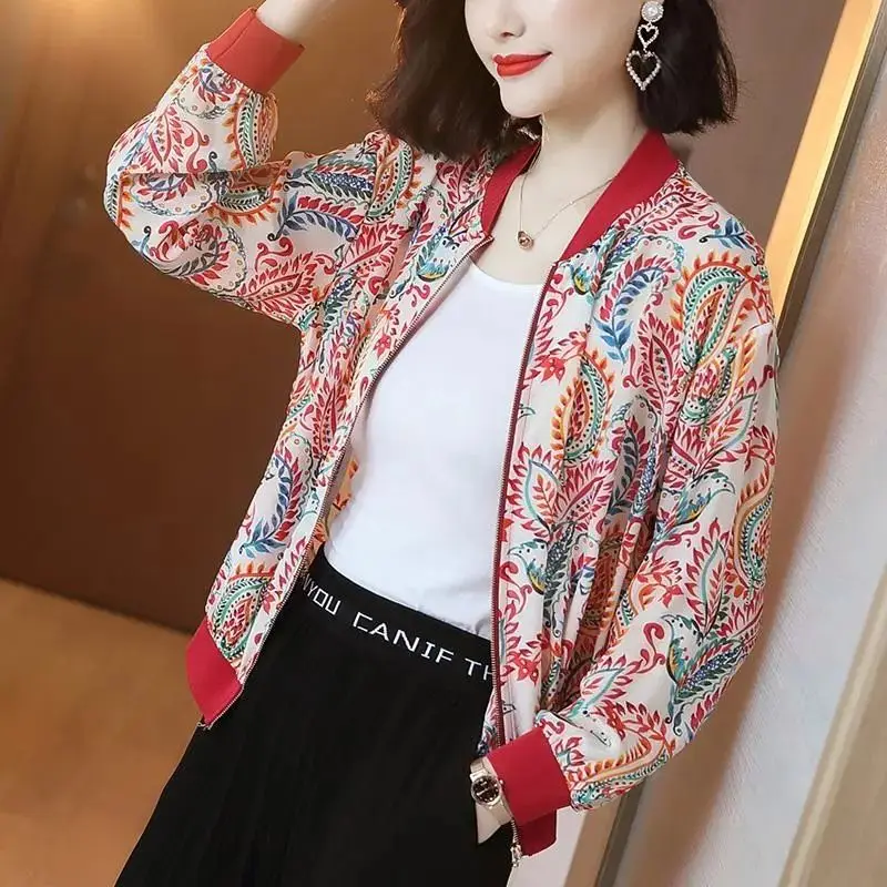 Summer New Thin Printing Short Cardigan Tops Long Sleeve Zipper Patchwork All-match T Shirts Vintage Fashion Women Clothing