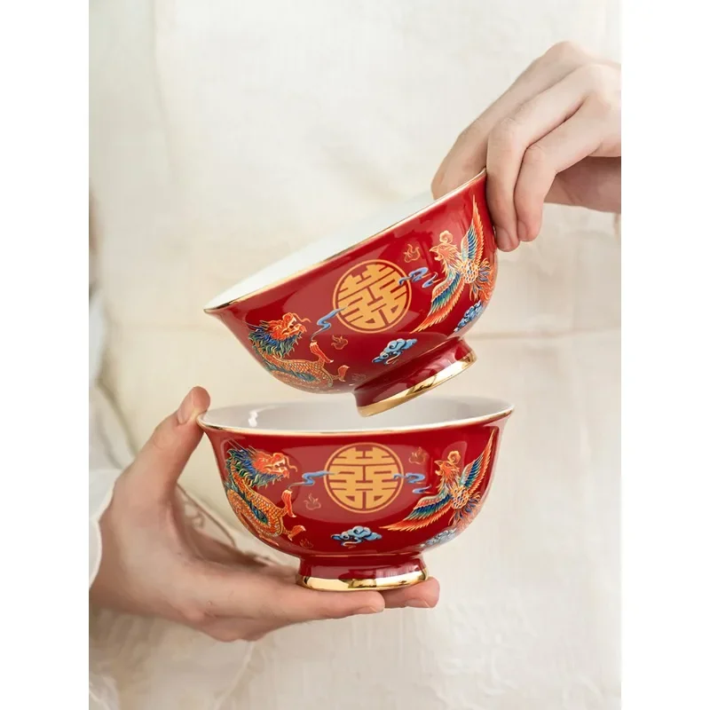 Guochao Dragon and Phoenix Wedding Bowl and Chopsticks Set Dowry Hongxi Bowl Pair Bowl Wedding Tableware Set Wedding Supplies