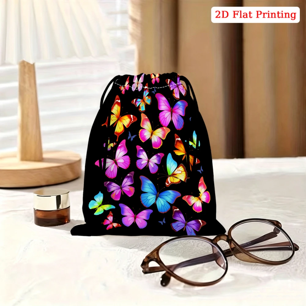 1pc Fashion Drawstring Bag Black Colorful Butterfly Print Storage Small Pouch For Travel Cosmetics Jewelry Organizer Portable Gi