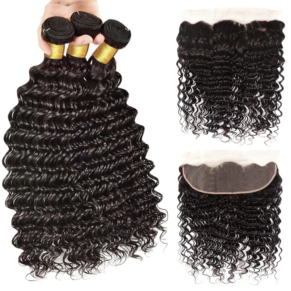 Deep Wave Curly Human Hair Bundles With 13x4 HD Lace Frontal Brazilian Hair Extension Weave 3 Bundles With Closure Natural Black