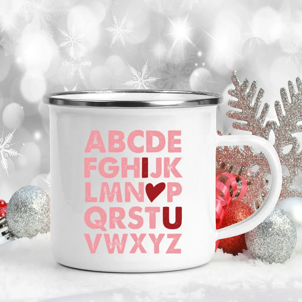 Love Heart Printed Camping Mug Valentine Party Juice Milk Cup Coffee Cups  Enamel Mugs Valentine\'s Day Gifts for Family Friends