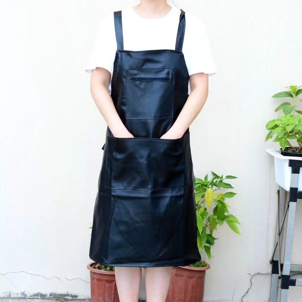 Premium Soft Leather Kitchen Apron Waterproof Oilproof Cooking Bib Comfortable Cross Shoulder Strap Unisex Work Protection