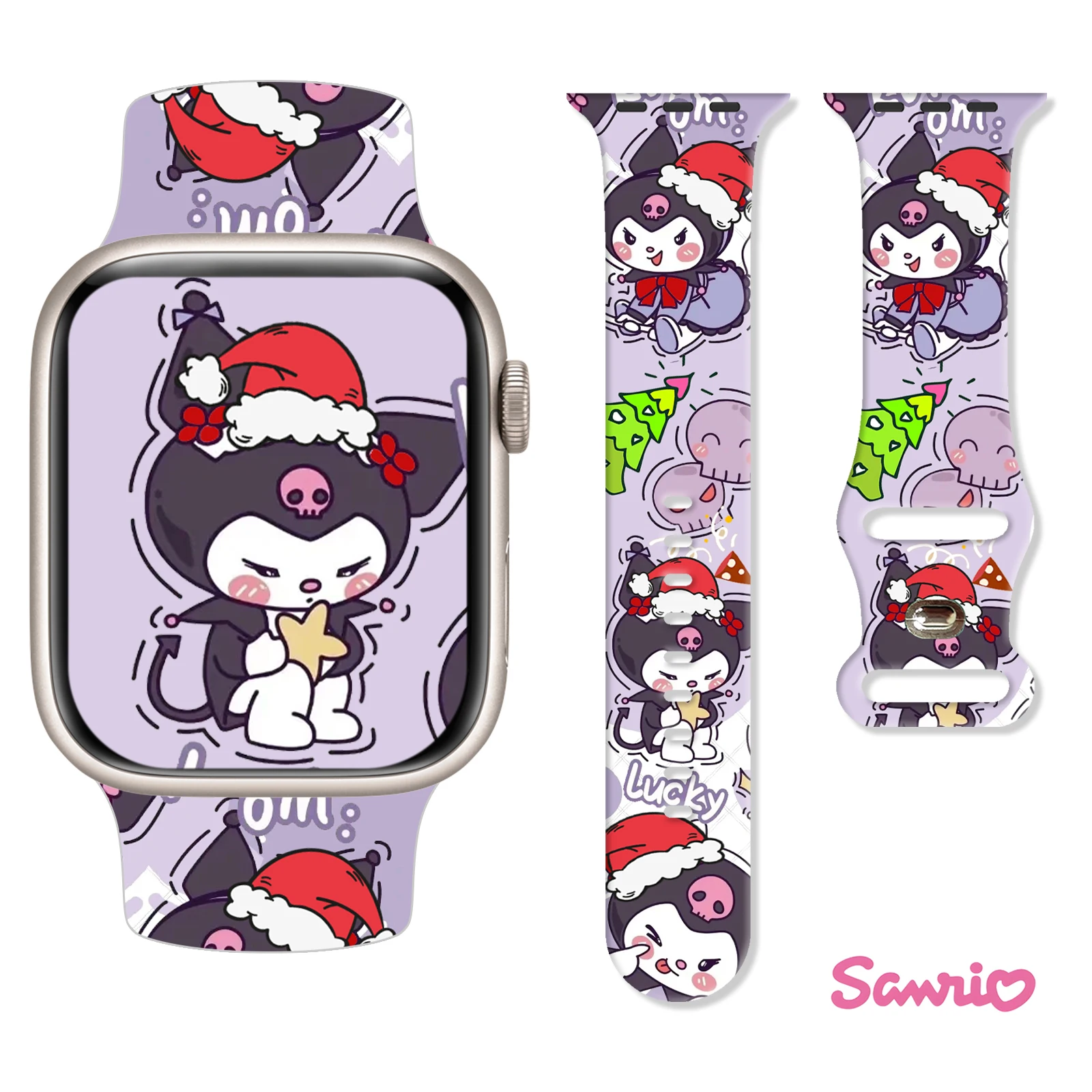 

Christmas Playful Kuromi Pattern Print Strap for Apple Watch Series 11/10/9/8/SE, Soft Silicone Replacement Band 45mm/44mm/42mm
