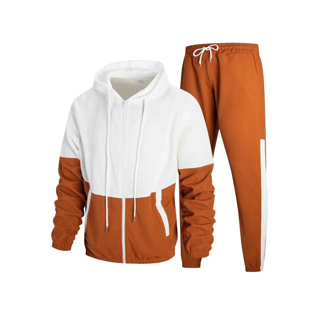 2025Cross border men's new spring and autumn hooded double pocket waffle color blocked jacket sports suit
