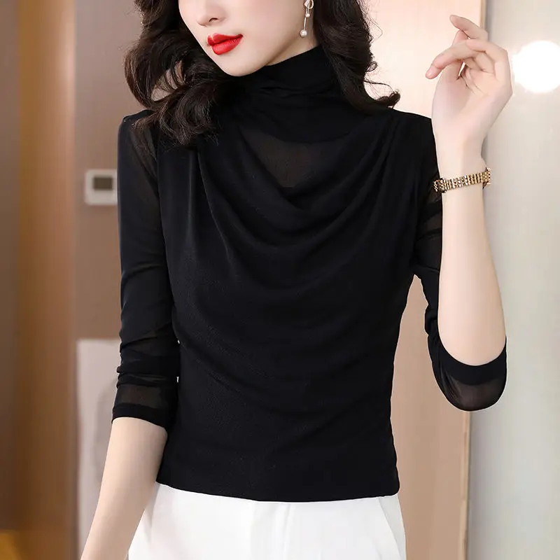 Women Sexy See Through Mesh High Collar Elegant Basic Tops Spring Autumn Korean Fashion Solid Long Sleeve Slim Pullover T-shirt