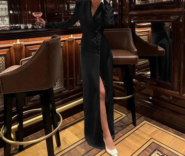 الربيع والخريف جديد فستان الحفلات المرأة الراقية الخامس الرقبة طويلة الأكمام مزاجه عالية الخصر شق فستان فرنسي #4