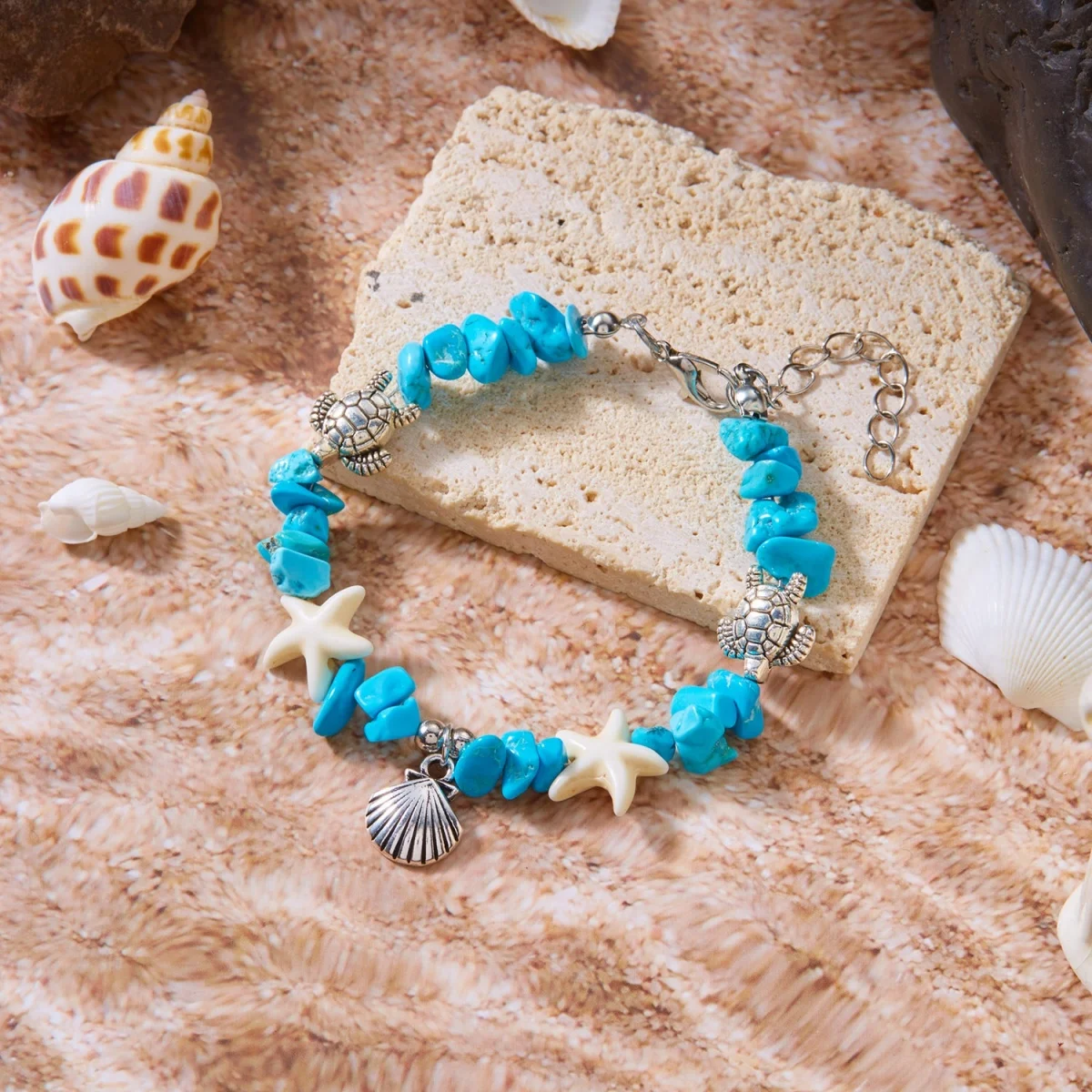 Boho-Armbänder mit zerstoßenen Steinen, Muscheln, Seesternen und Schildkröten für Damen und Herren, Sommer, Strandurlaub, Ozean, Meerestiere, Armreif, Partyschmuck – Detail 24