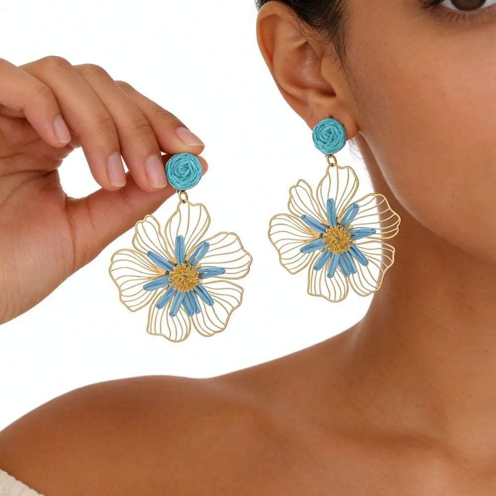 Cute Summer Raffia Grass Flower Earrings Lafite Grass Alloy Straw Drop earrings Handmade Hollow Out Women Jewelry Party