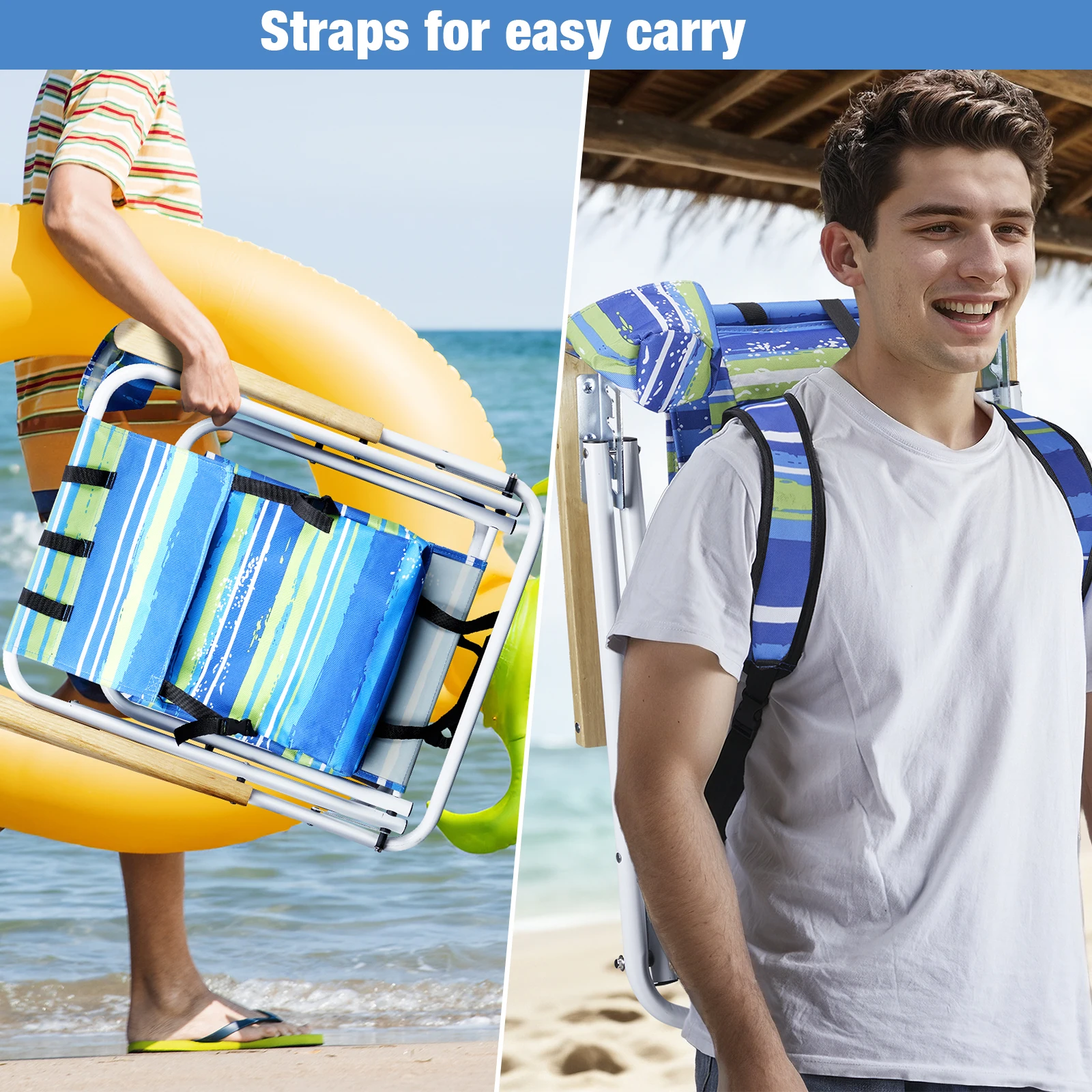 

1Pc 23 * 21.7 * 31.5in blue-green horizontal striped color, beach chair, steel pipe, Oxford cloth 120kg 4-gear adjustment N001