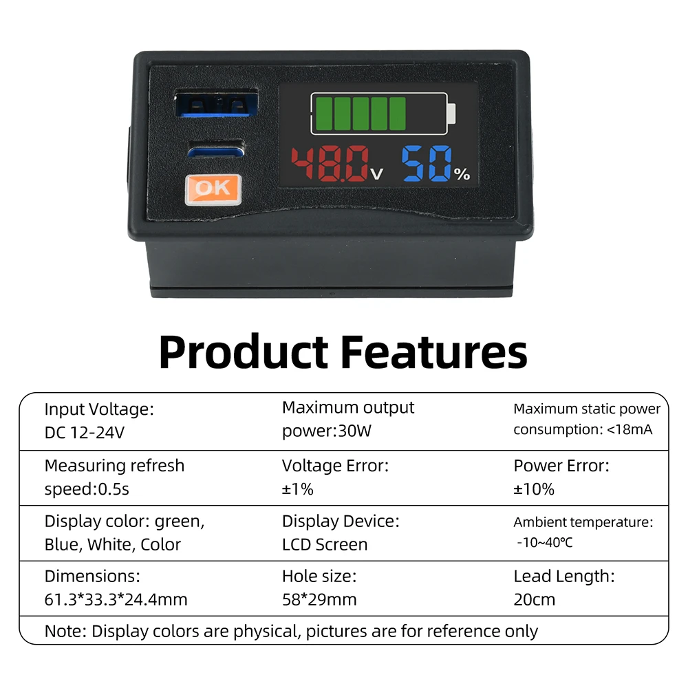 DC 12-24V Digitaler Voltmeter Batteriestandsanzeige USB+Typ C 30W Ausgangsspannungstester Leistungsmesser Auto-Kapazitätsmonitor – Detail 6