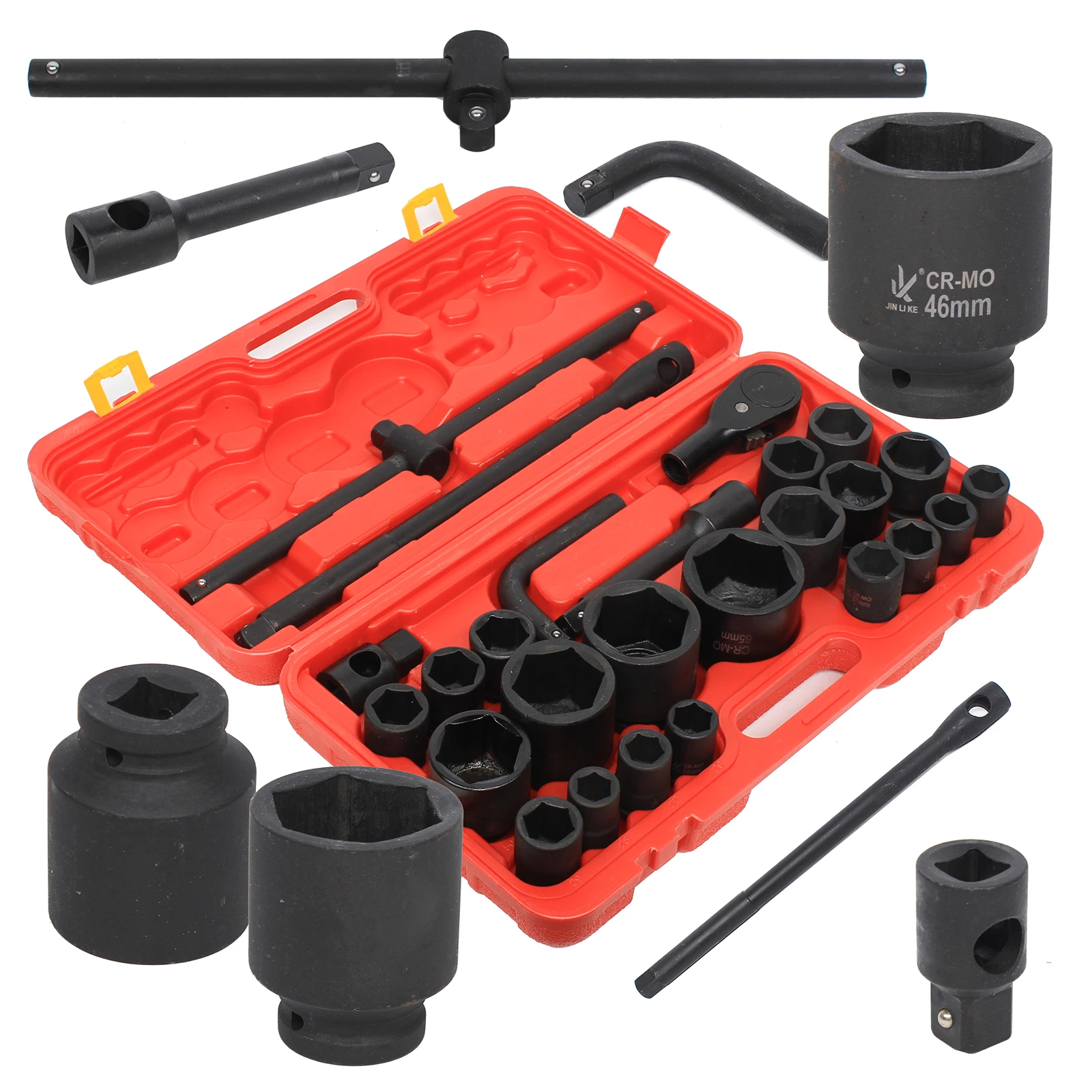 Jeu de 17 douilles à percussion à entraînement 3/4 "avec 3 douilles peu profondes de 1", acier au chrome vanadium traité thermiquement pour Re automatique et mécanique