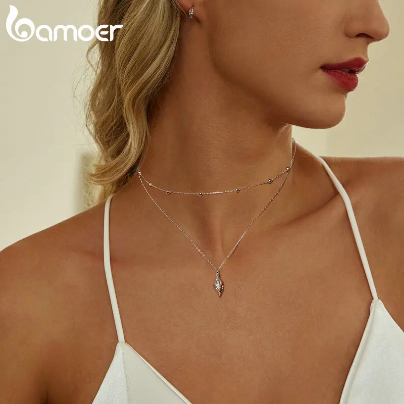 BAMOER 925 Sterling Silver Conch Layered Pendant Necklace Multilayer Stylish Choker Necklace for Women Ocean Series Jewelry